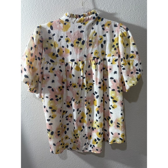 Fate Tops - Fate Blouse Womens Small Yellow Pink Abstract Floral Puff Sleeve Ruffle Neck Top